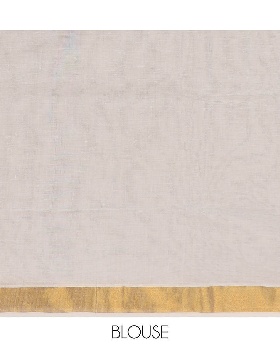 Cream kerala saree with zari designs, plain border & pallu of intricate zari designs