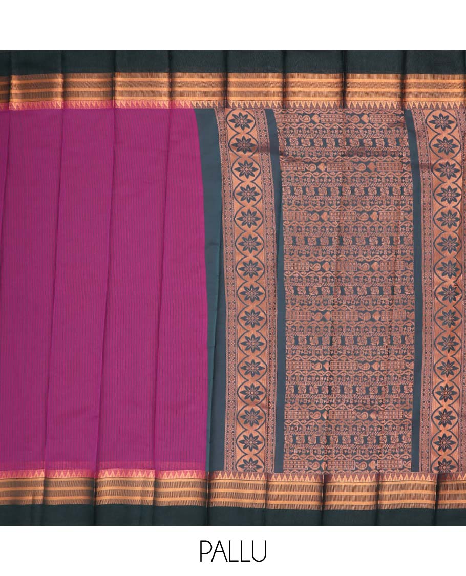 Purple striped kora cotton saree with contrast temple border & intrcate zari design pallu