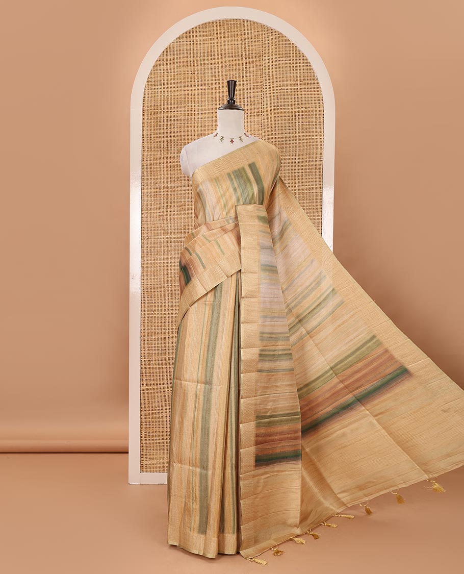 Chikku hand brushing-style multi-colored stripes printed fancy tussar silk saree, zari border, self-pallu & blouse of zari work & stripes print