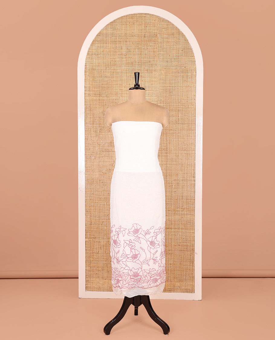 Cream-Pink Organza Material Chudidar, Floral Thread Embroidery Top, Contrast Bottom, and Embroidered Scallop Dupatta