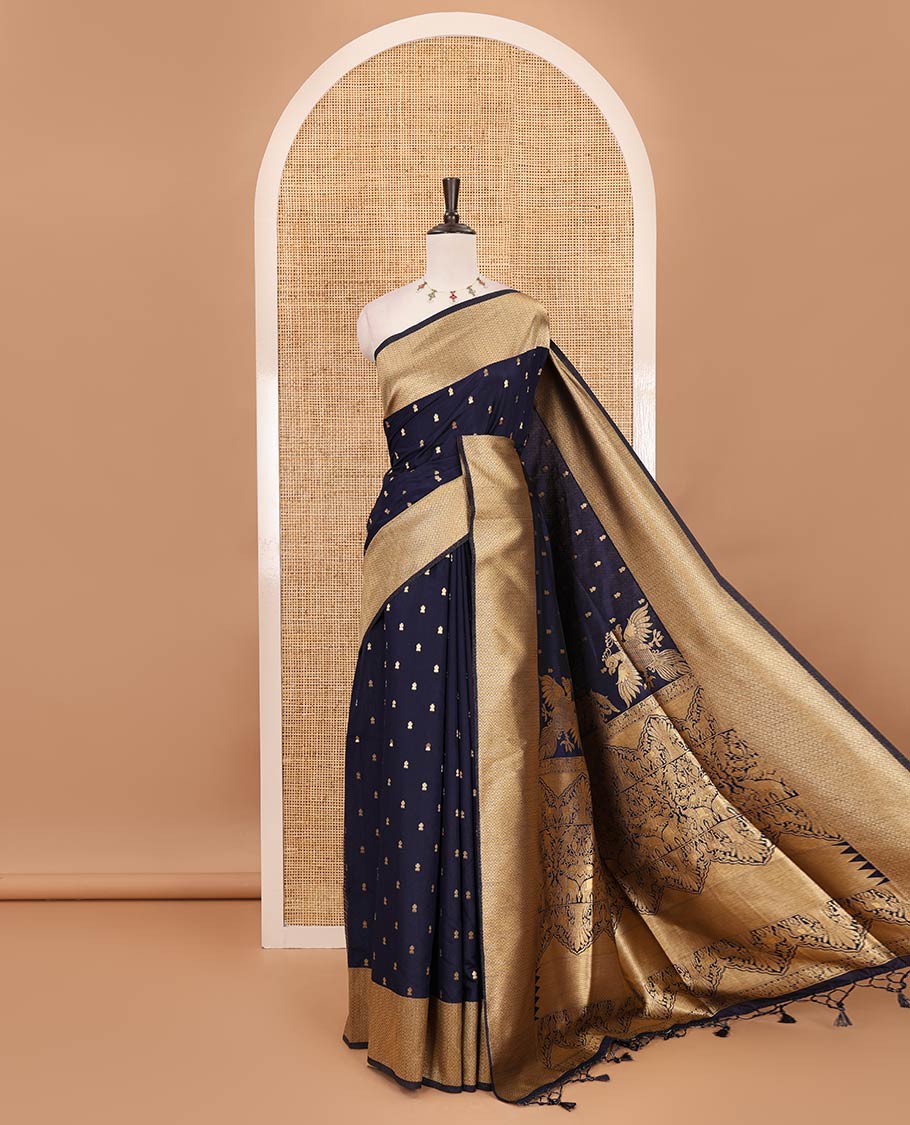 Navy blue zari buttas dola silk saree, vanki zari border, checked blouse & pallu of iruthalai pakshi, kuthirai, kili & yaanai designs