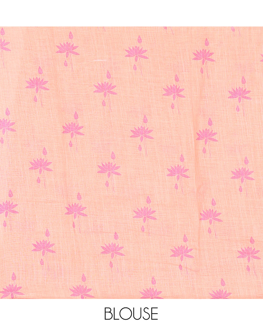Borderless Peach Linen Cotton Saree Features Lotus Print, a Self-Pallu, and a Matching Blouse