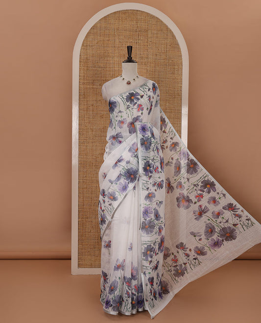 White-base poppy-style grey-color floral motifs printed linen saree, piping zari border, pallu steeped with floral print & floral matching blouse