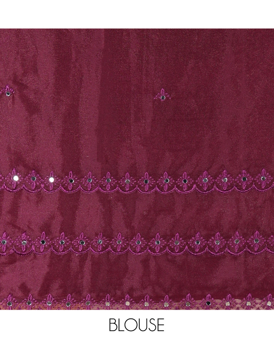 Lavender Rangoli Chiffon Saree, Embellished with Thread and Mirror Work Buttas on Its Body, Subtle Scallop Embroidered Border, Embroidered Pallu, and Paired with a Contrast Mirror Work Blouse