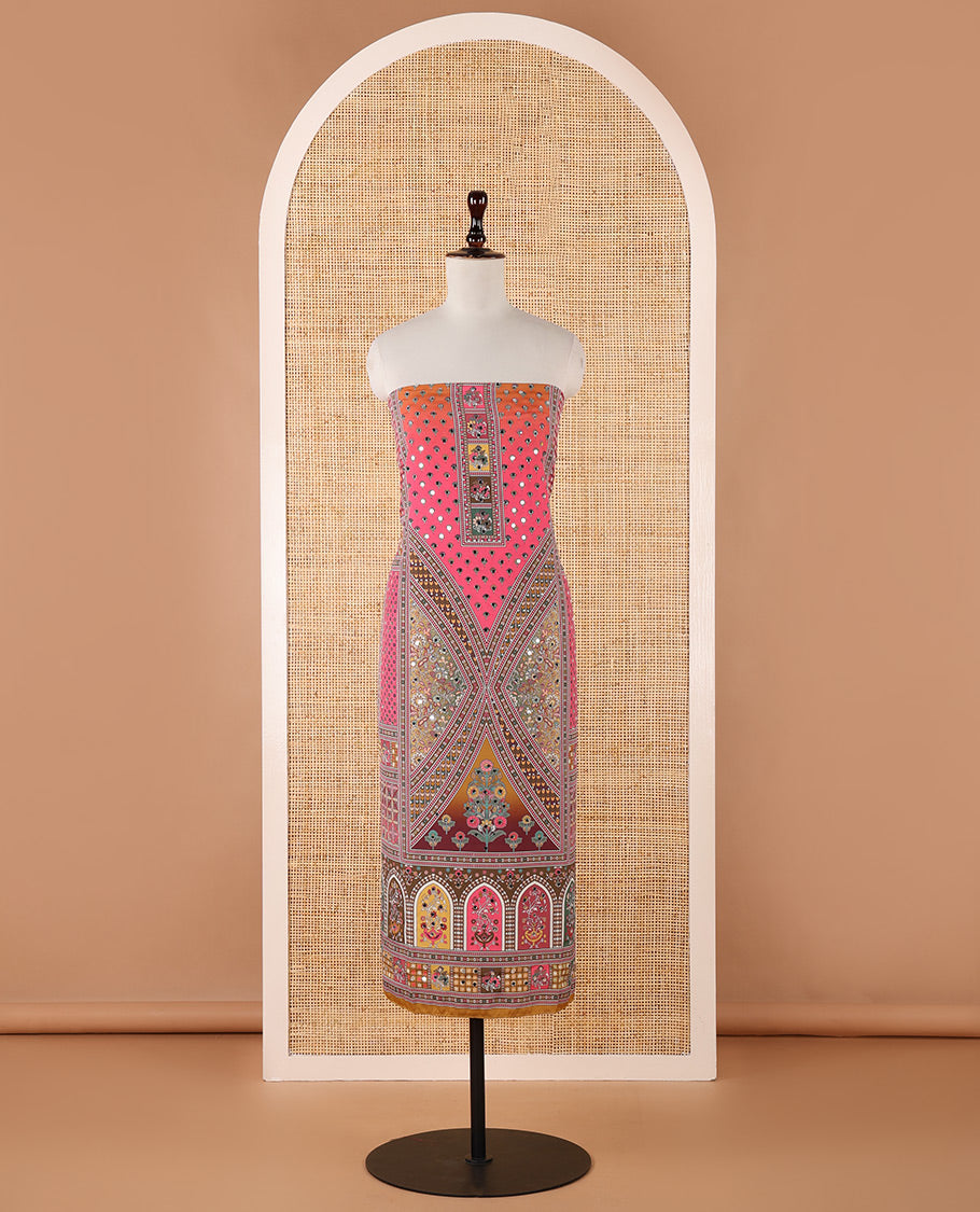 Pink chudidar material set, floral & geometric printed with mirror work crepe top, mughal-style floral printed & mirror work chinon dupatta & plain crepe bottom