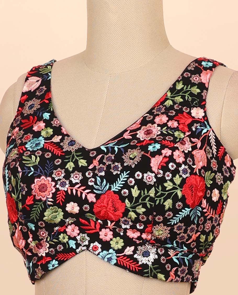 Black floral embroidered front & back deep v-neck raw-silk readymade sleeveless blouse