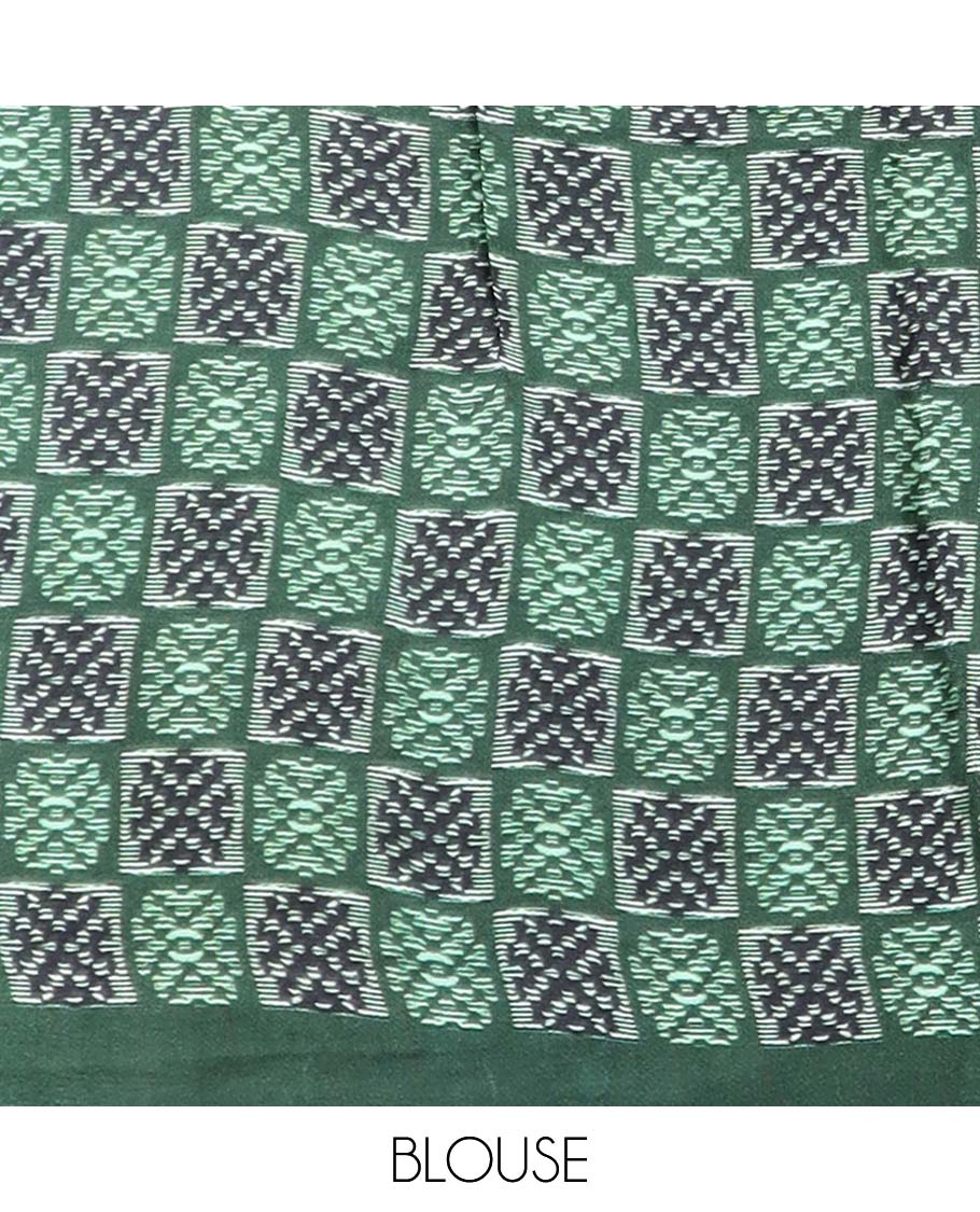 Multi-colored elephant motifs enclosed with ogee design semi-banaras printed saree & contrast border & pallu of intricate design