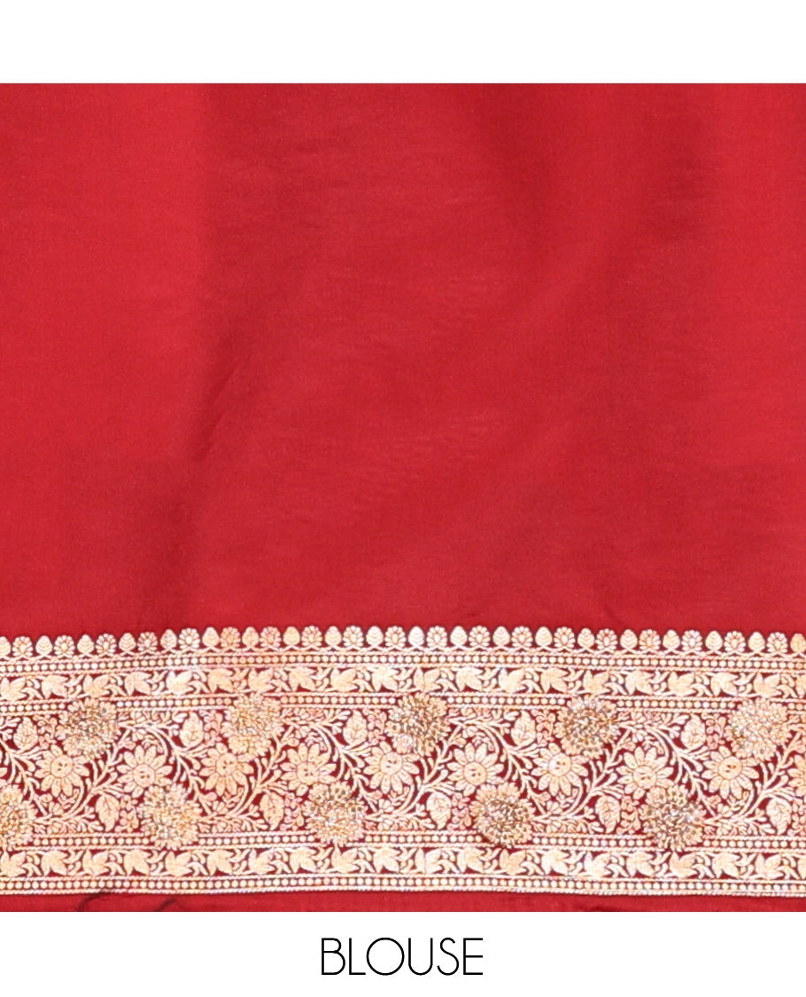 Red Banarasi Satin Saree, Gracefully Embellished with Floral Jaal Jacquard, a Floral Creeper Border, Intricate Stonework Pallu, and a Matching Blouse