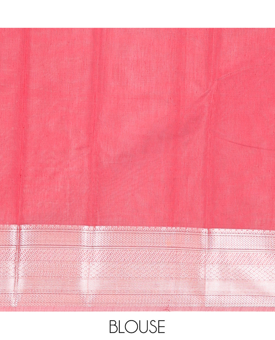 Pink Semi-Silk Cotton Saree, Sparsely Woven with Floral Buttas on Its Body, Highlighted by a Zari Traditional Border, Geometric Patterned Pallu, and Paired with a Matching Blouse