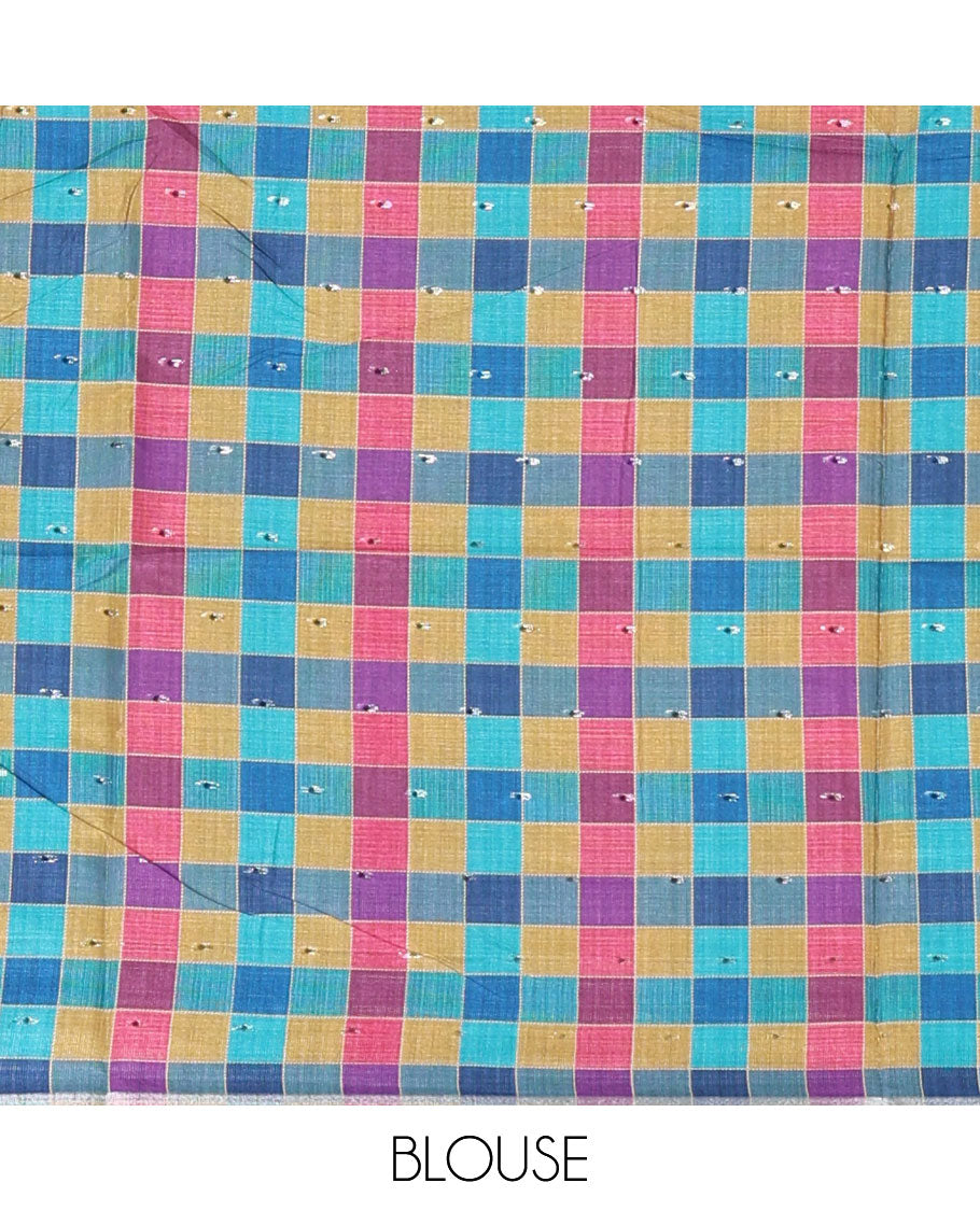 Lime yellow zari buttas Kathan silk saree, contrast border & pallu of multi-color checks & temple design, blouse of multi-color checks & buttas