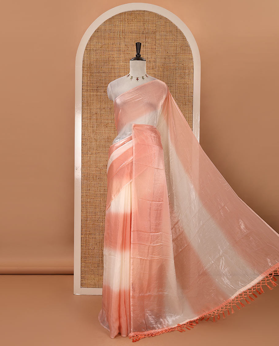 Borderless orange tie-dye-style printed fendy satin saree, self-pallu with tassels & plain blouse