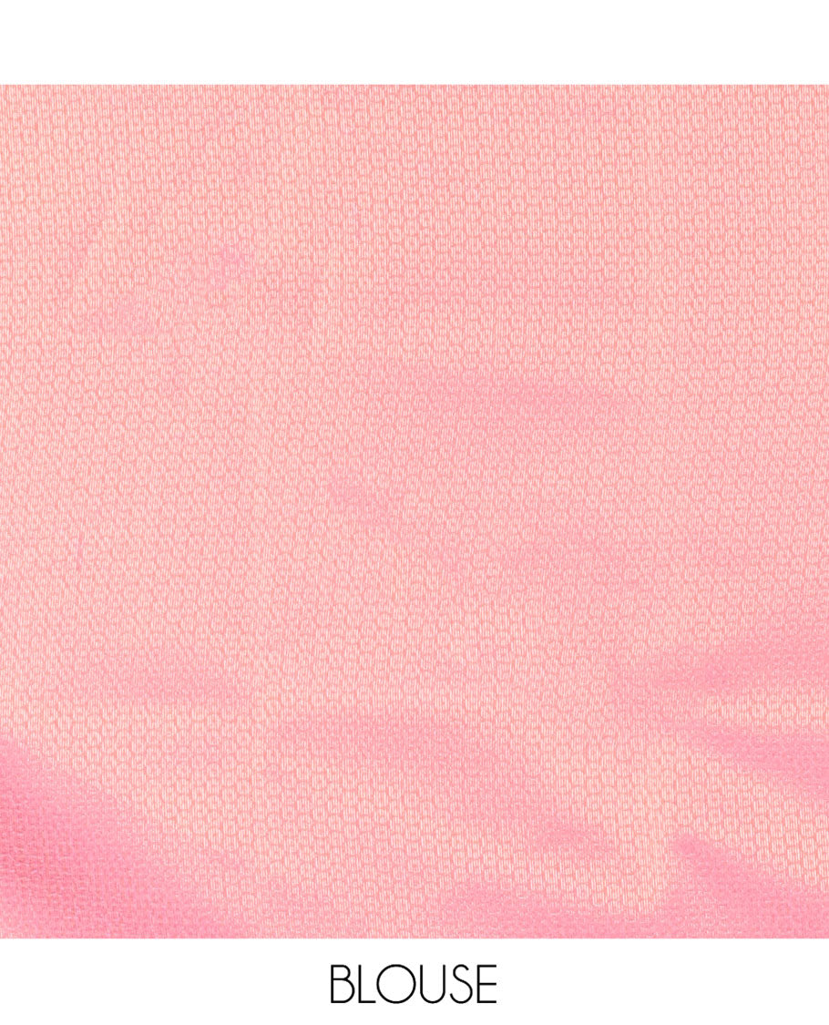 Grey and Pink Kanchi Silk Saree, Subtly Enriched with Zari Buttas and Buttas Enclosed Checks On Its Body, Complemented by Zari Border, Jaal Pallu, and Paired with a Contrast Jacquard Blouse