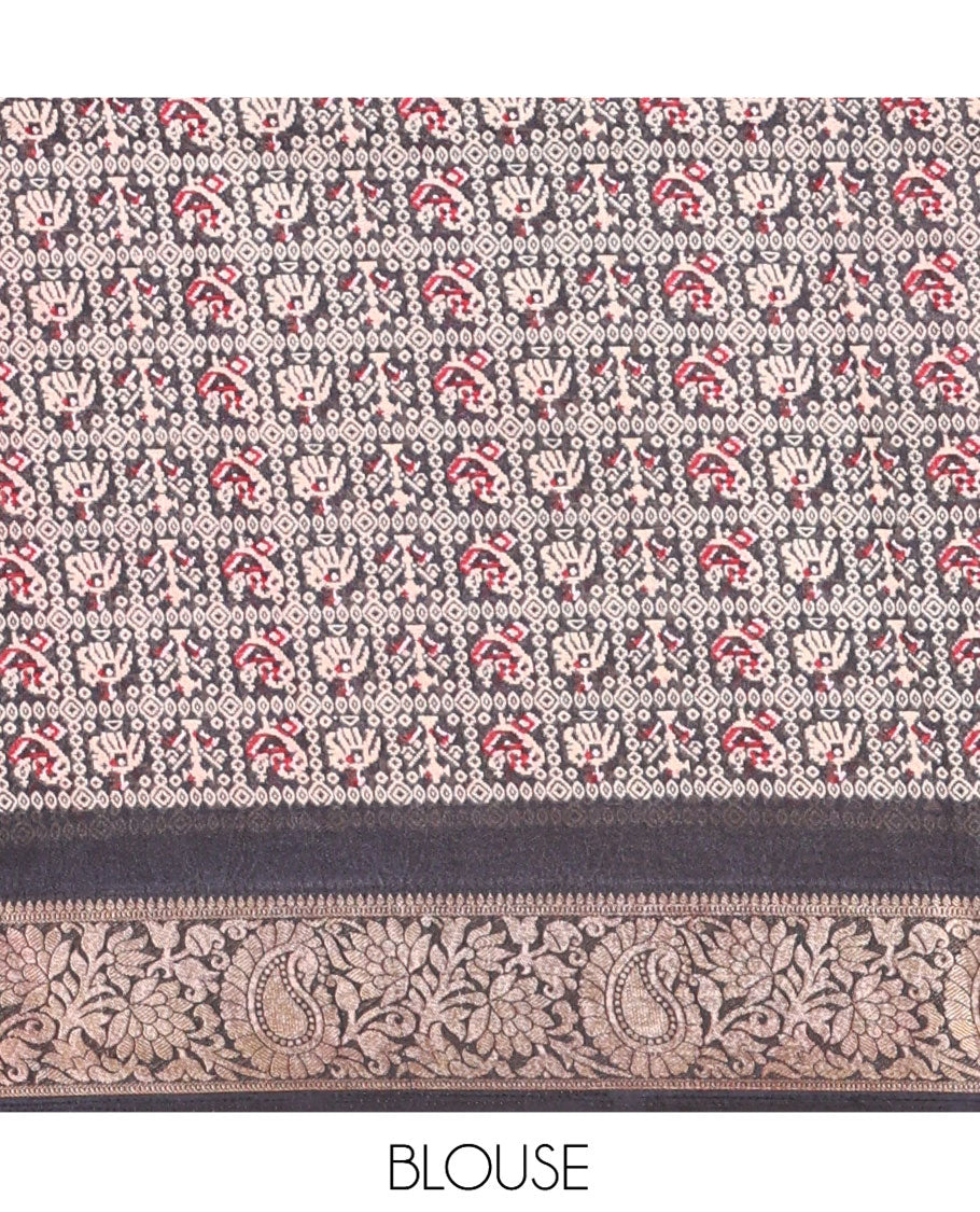 Maroon Embossed Moss Chiffon Saree, Complemented by a Contrast Traditional Zari Patola Printed Border, Patola Pallu, and a Contrast Blouse