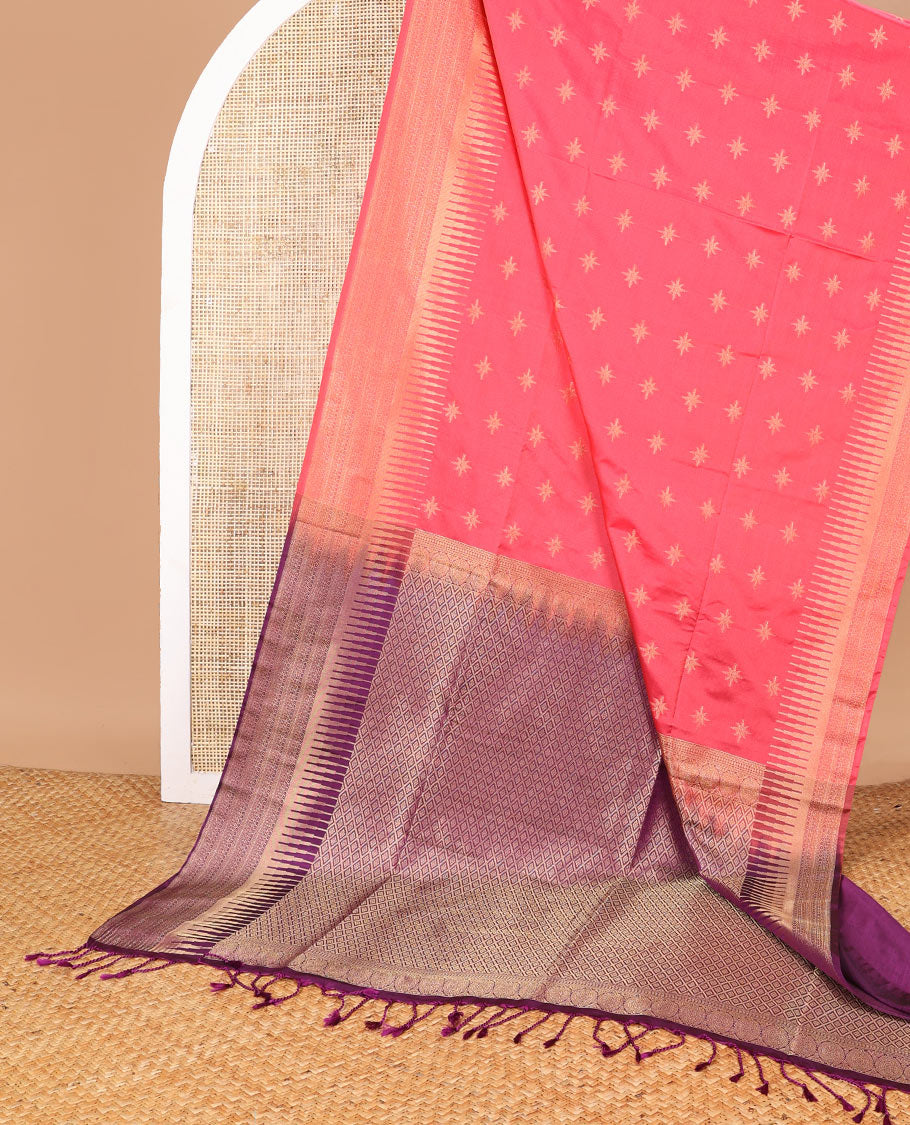 Light pink star buttas soft silk saree with contrast temple border & argyle design pallu