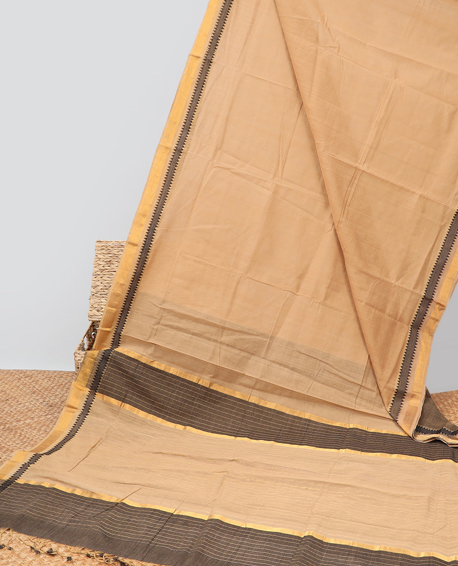 Light brown mangalagiri cotton saree with contrast temple border & striped pallu