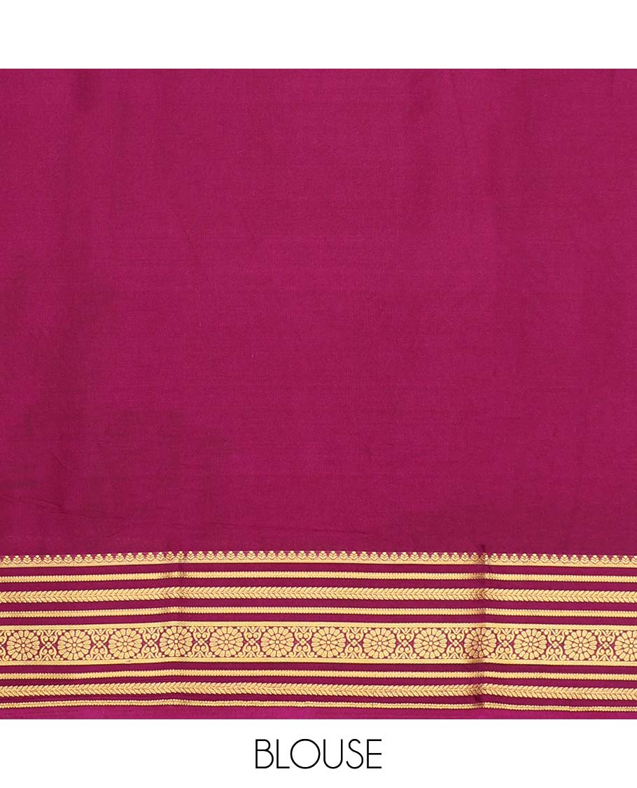 Blue kalamkari-style lotus & peacock semi-banaras printed saree, contrast traditional design border & striped pallu