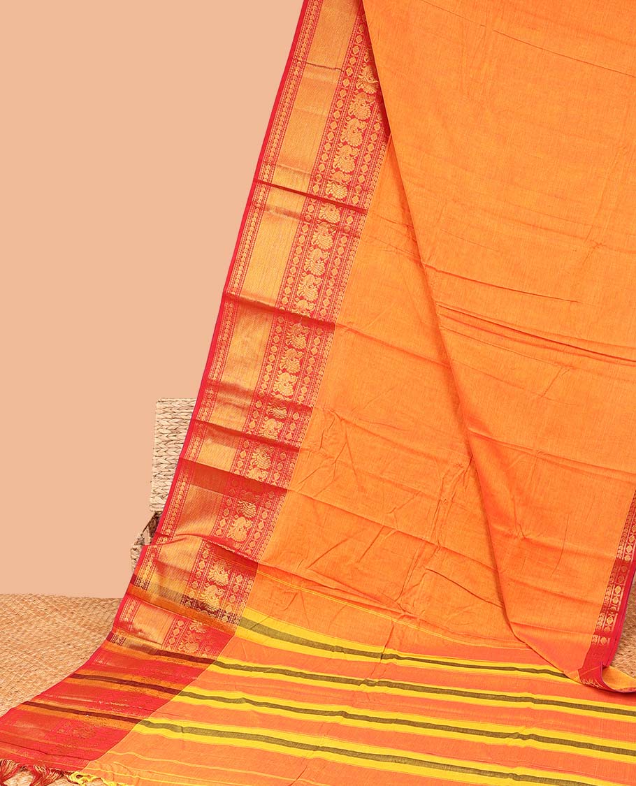 Orange plain Narayanapet cotton saree, contrast traditional design border & striped pallu