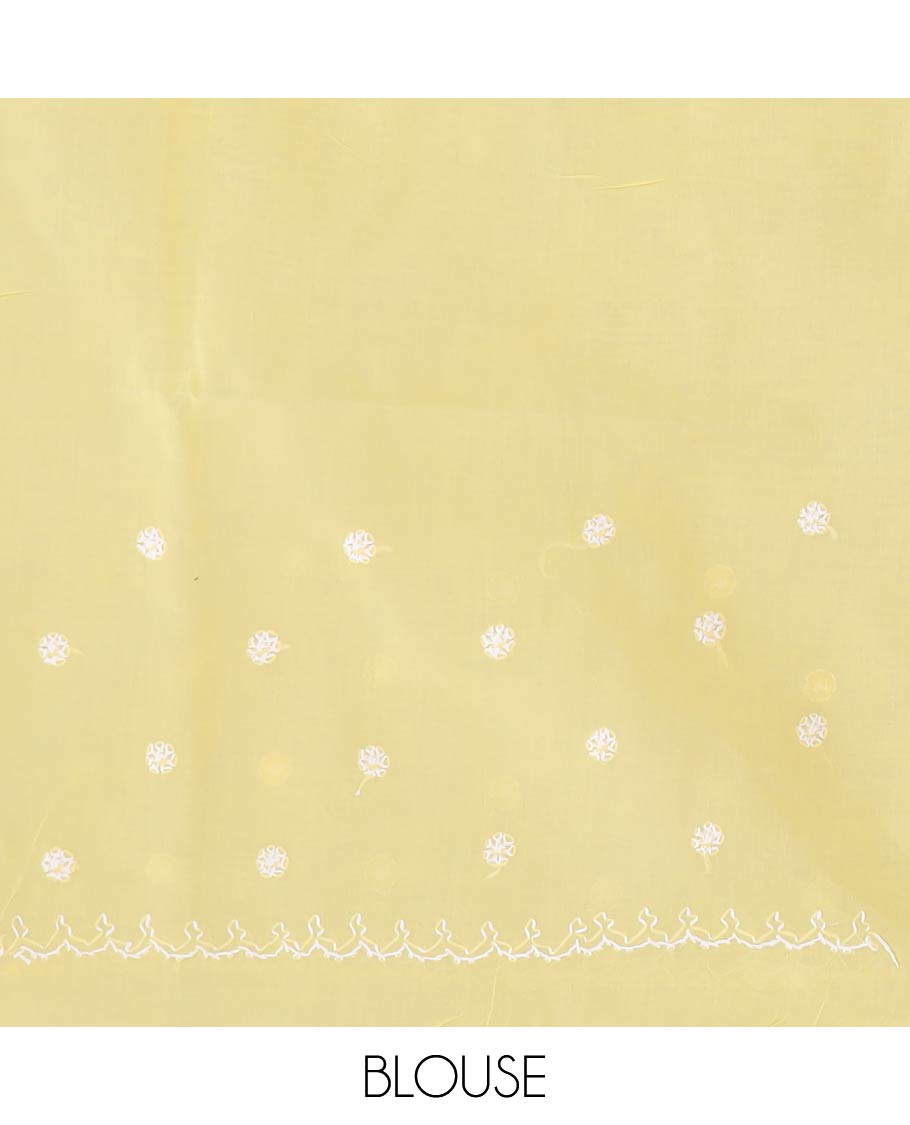 Yellow flower embroidery lucknowi chikankari cotton saree scallop design border & floral embroidered pallu