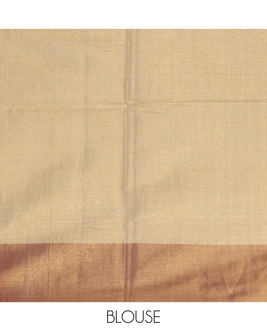 Cream Kerala cotton saree with multi-color floral & peacock feather screen print, copper zari bavanji border & satin lining pallu