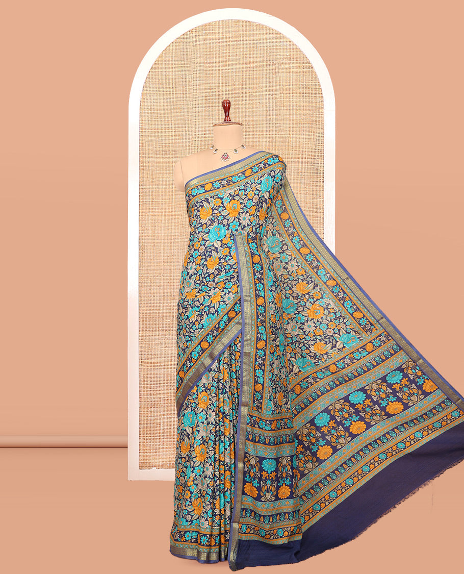 Blue Printed Silk Saree, Bedecked with Floral Vine Print, a Traditional Border, Floral Pallu, Matching Blouse