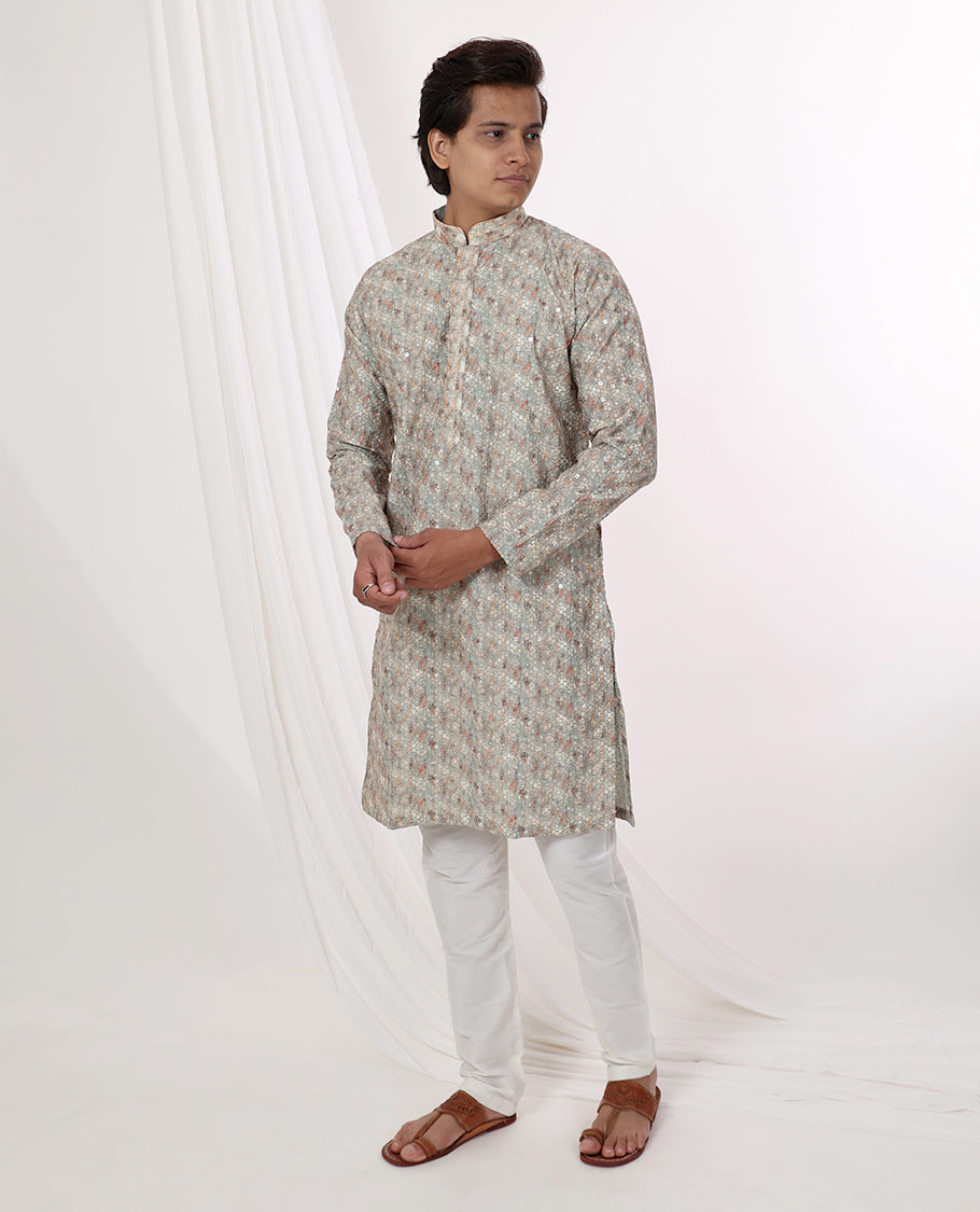 mint green abstract design with sequins work mandarin collar & full-sleeve long raw silk kurta