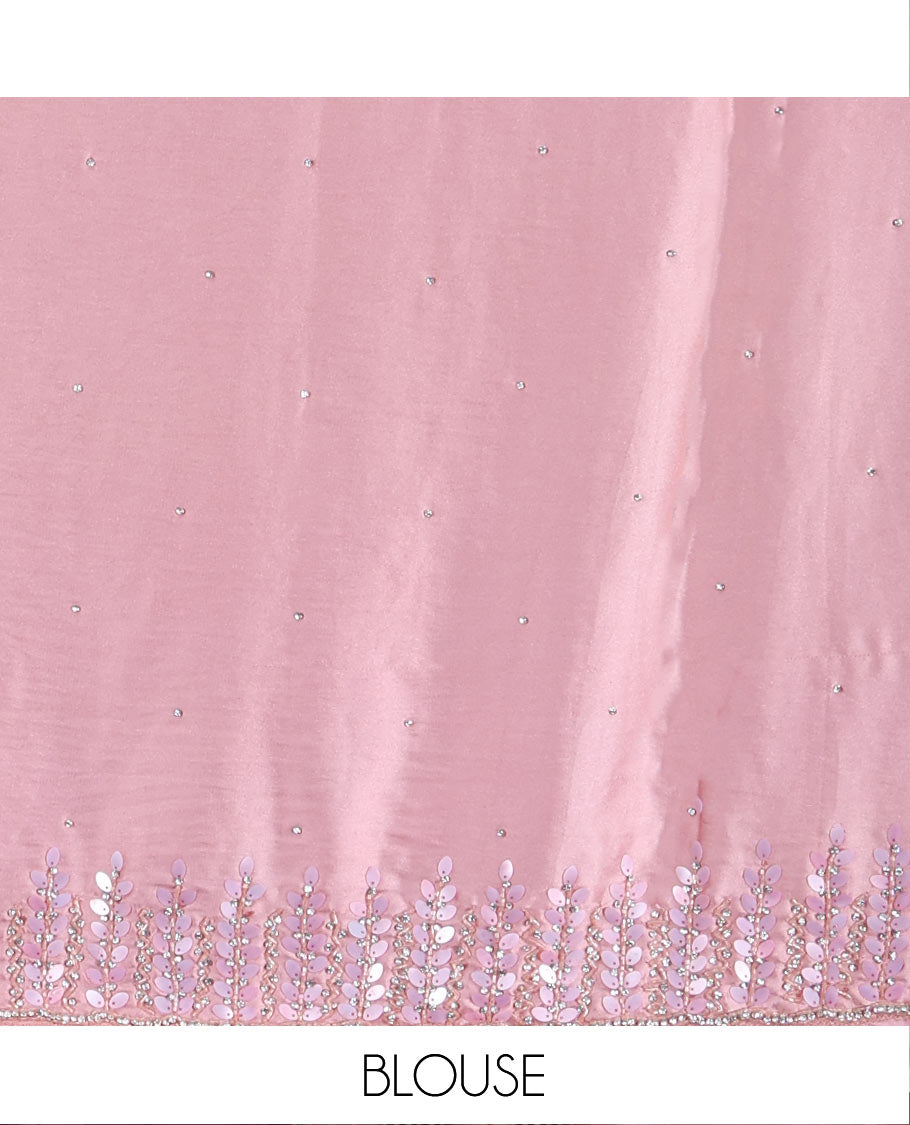 Pink Designer Saree, Subtly Sparkled with Stone Work on Its Body, Highlighted by a Scallop Floral-Themed Stone-Thread Embroidered Border, Self-Pallu, and Paired with a Matching Blouse