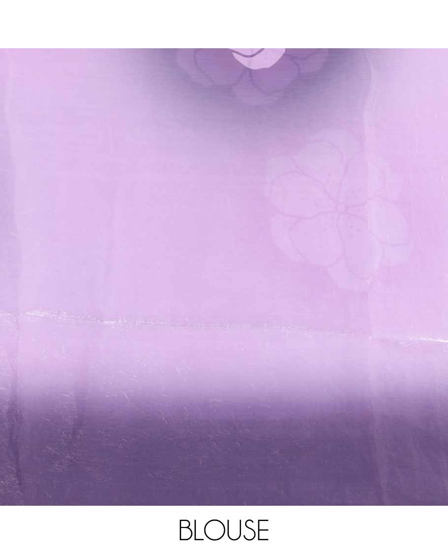 Borderless lavender floral motifs printed fendy satin saree with a self-pallu and a matching blouse