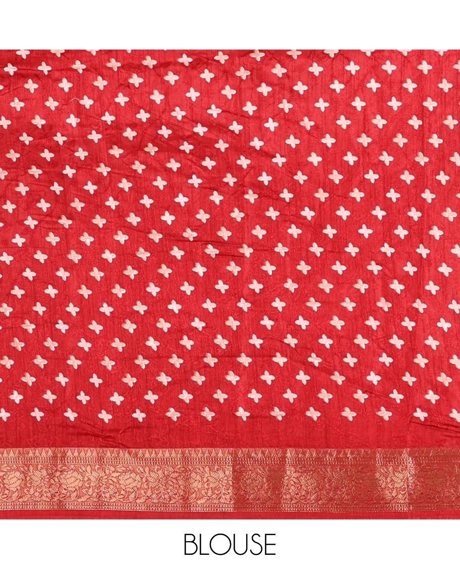 Red shibori printed fancy tussar saree, traditional zari border, shibori printed pallu & matching printed blouse with zari border