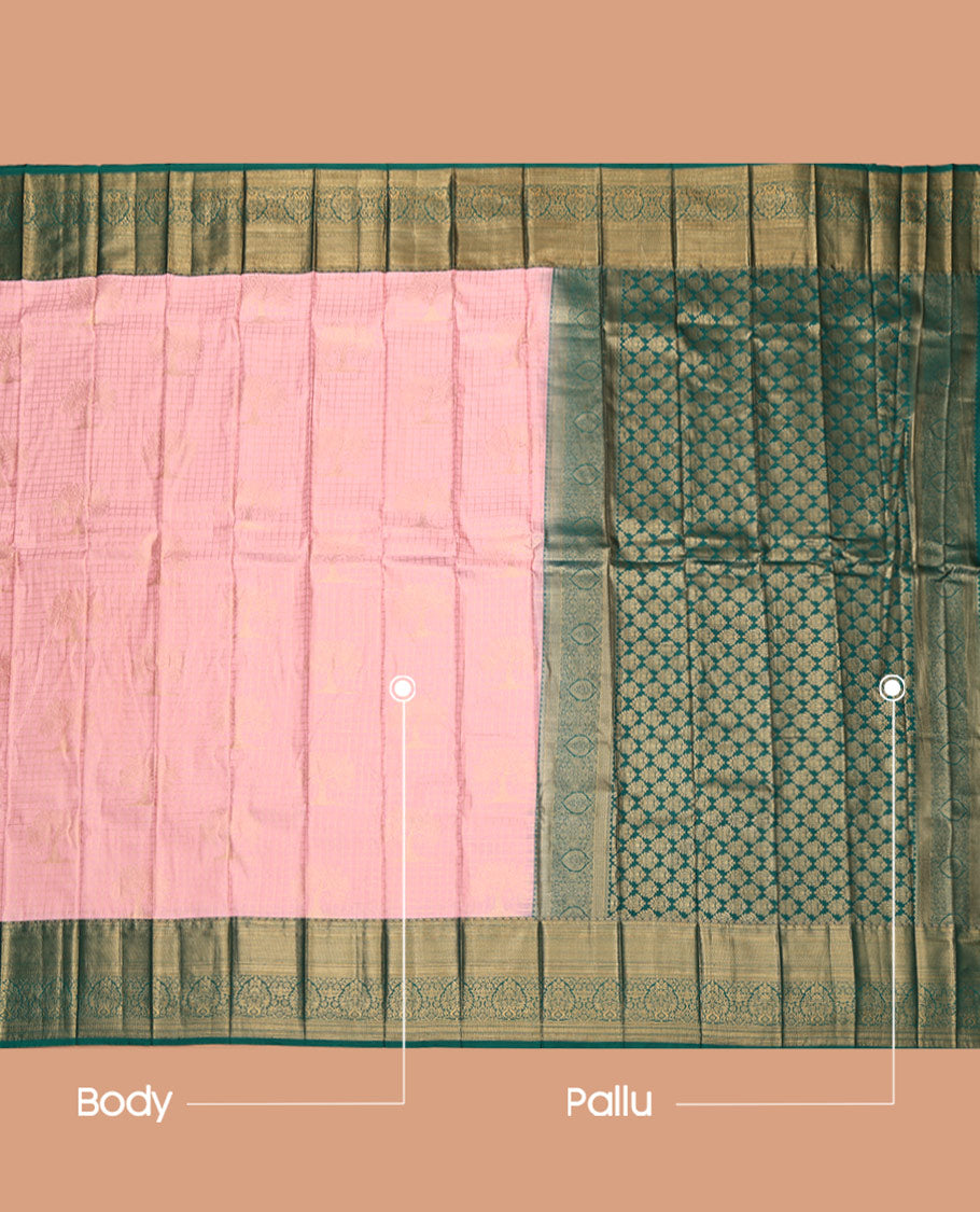 Pink Budget Silk Saree, Graced with Zari Buttas and Checks, Complemented by Contrast Traditional Zari Border, Intricate Pallu, and Contrast Blouse