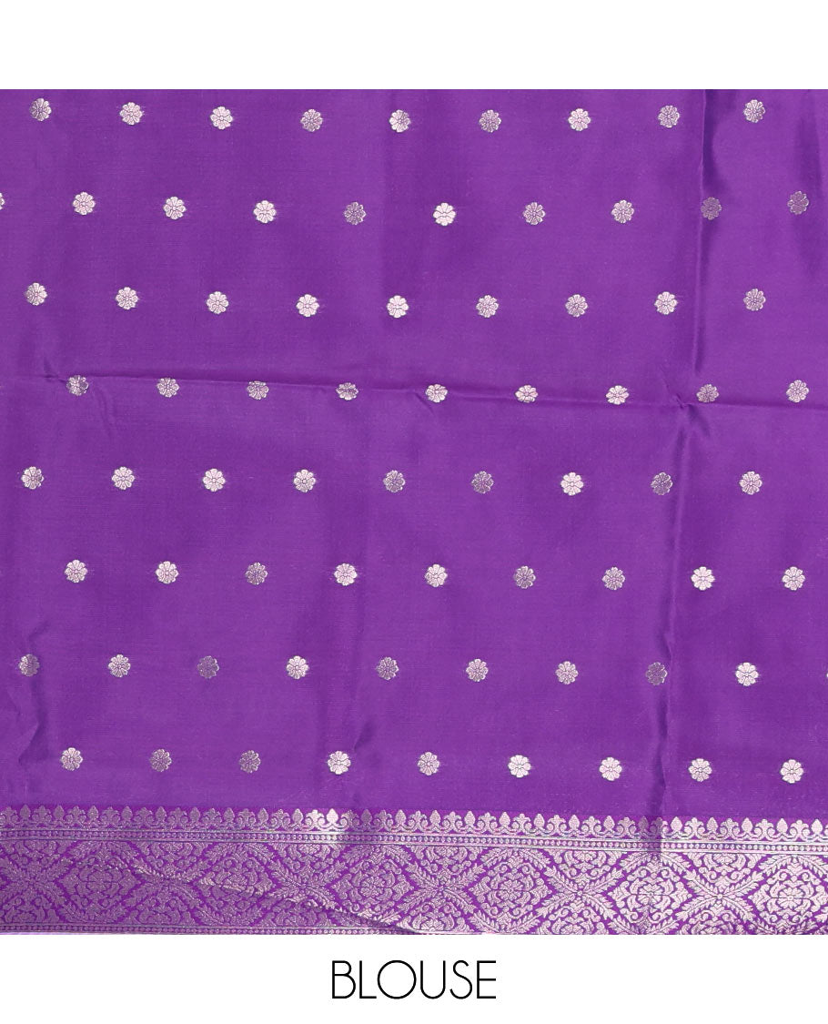 Lavender-violet floral buttas elite soft silk saree, contrast floral buttas border, and pallu of Mughal-style intricate zari designs