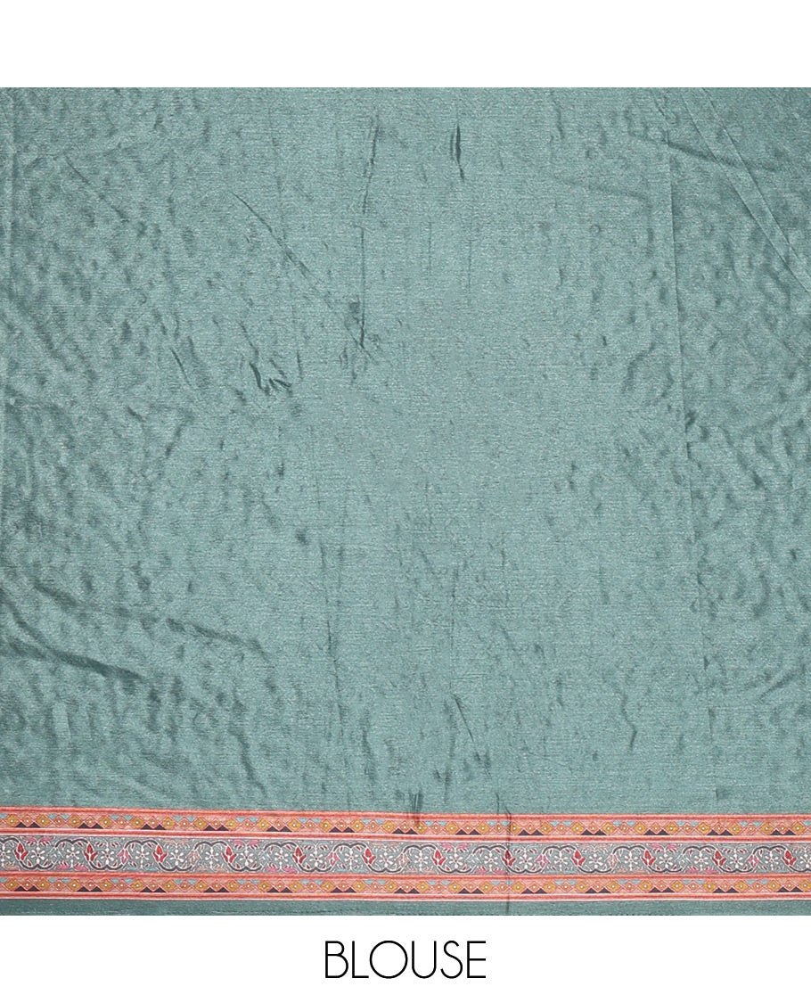 Green geometric patterns kaleidoscope-colored printed & mirror embroidered half-&-half masakali saree, printed border & pallu of embroidery work & plain blouse
