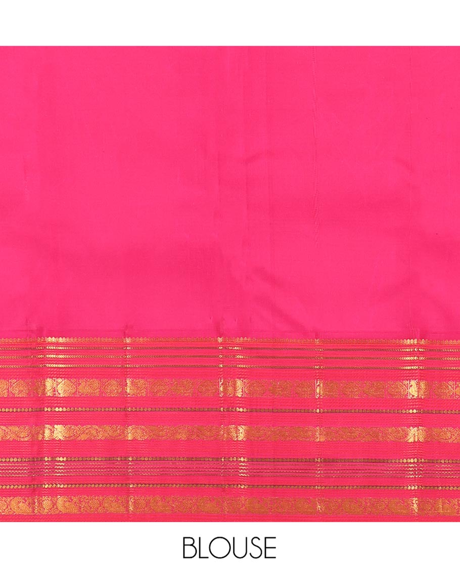 Sandal Zari Design Kanchipuram Wedding Silk Saree, Contrast Border of Salngai, Muthu, Kathir, Banaras, Mayil, and Dhavana Kodi Designs, Jaal Pallu, and Contrast Blouse