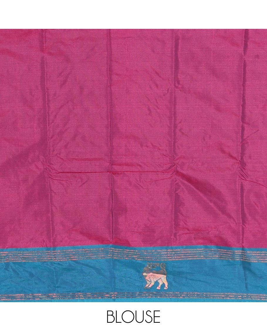 Magenta zari buttas Kanchi silk saree, contrast yaali motifs zari blue border, zari design pallu, and a matching blouse
