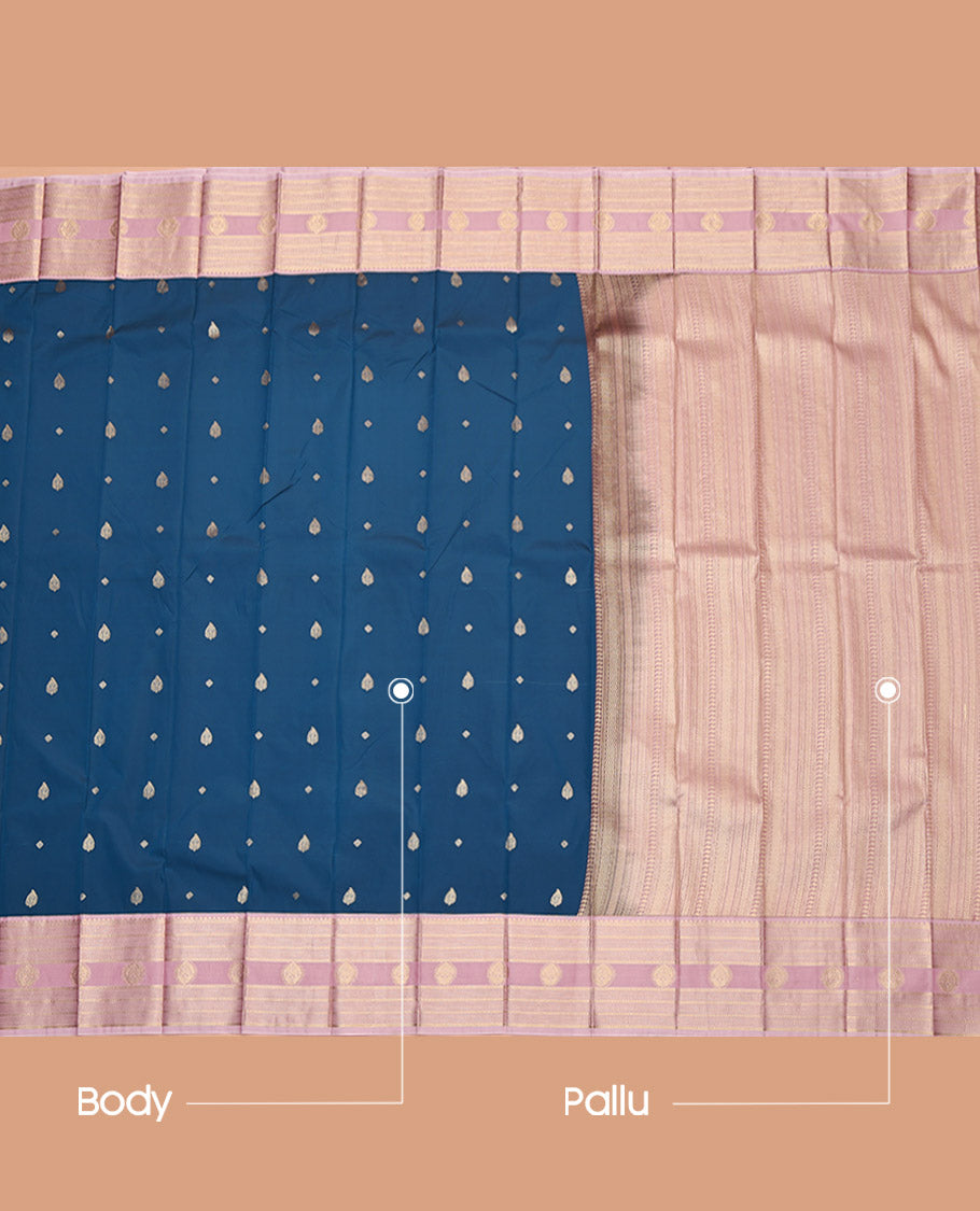 Blue Budget Silk Saree, Decked Up with Zari Buttas, Complemented by a Contrast Traditional Zari Design Border, Geometric Pallu, and a Contrast Blouse
