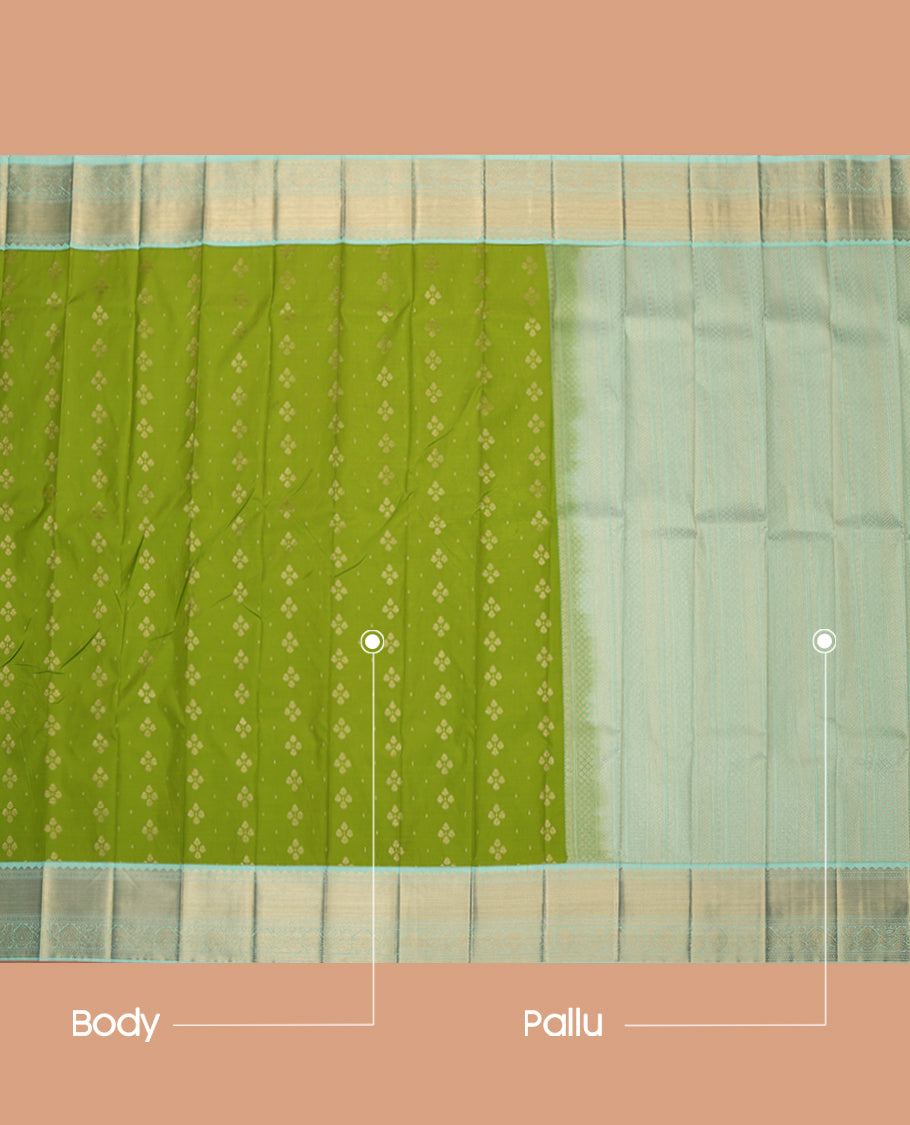 Green Budget Silk Saree, Enriched with Zari Buttas, Complemented by a Contrast Traditional Zari Border, Grand Pallu, and Contrast Blouse