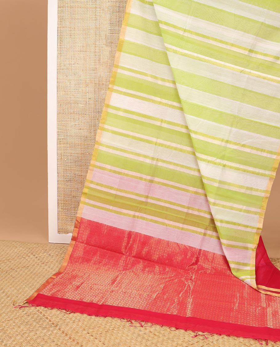 Green with white striped silk cotton saree with contrast zari border & jaal design pallu