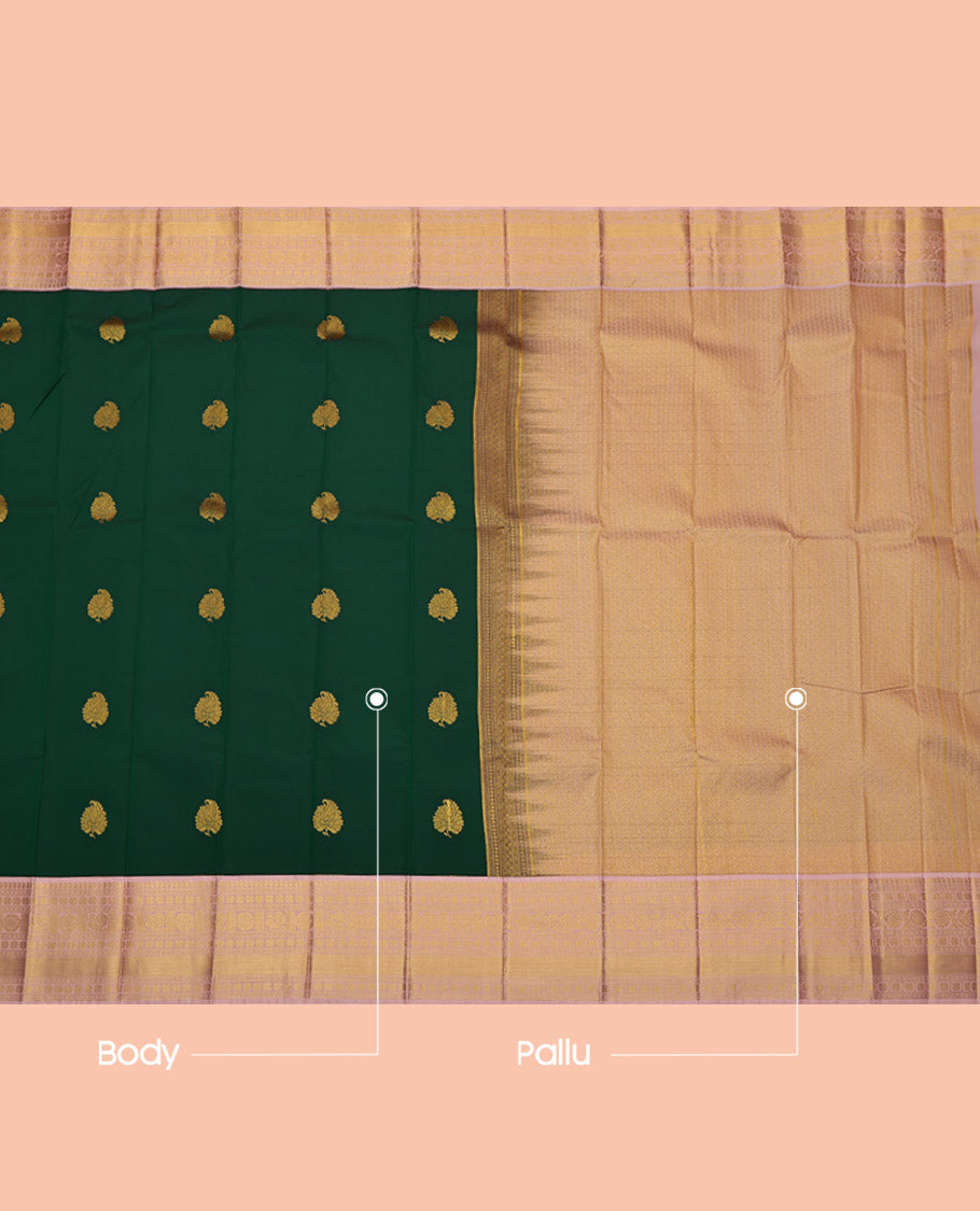 Green Budget Silk Saree, Spotlighted with Zari Buttas, Complemented by Contrast Traditional Border, Grand Pallu and a Contrast Blouse
