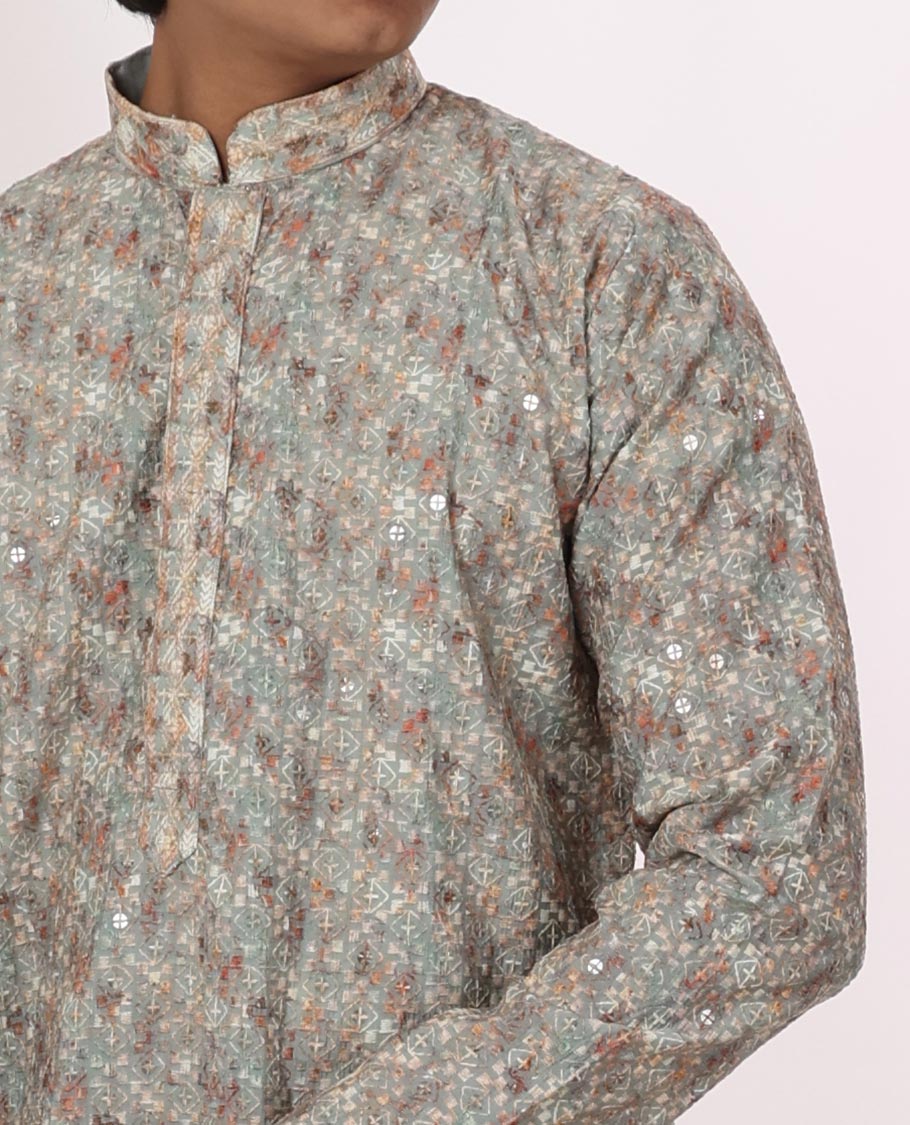 mint green abstract design with sequins work mandarin collar & full-sleeve long raw silk kurta