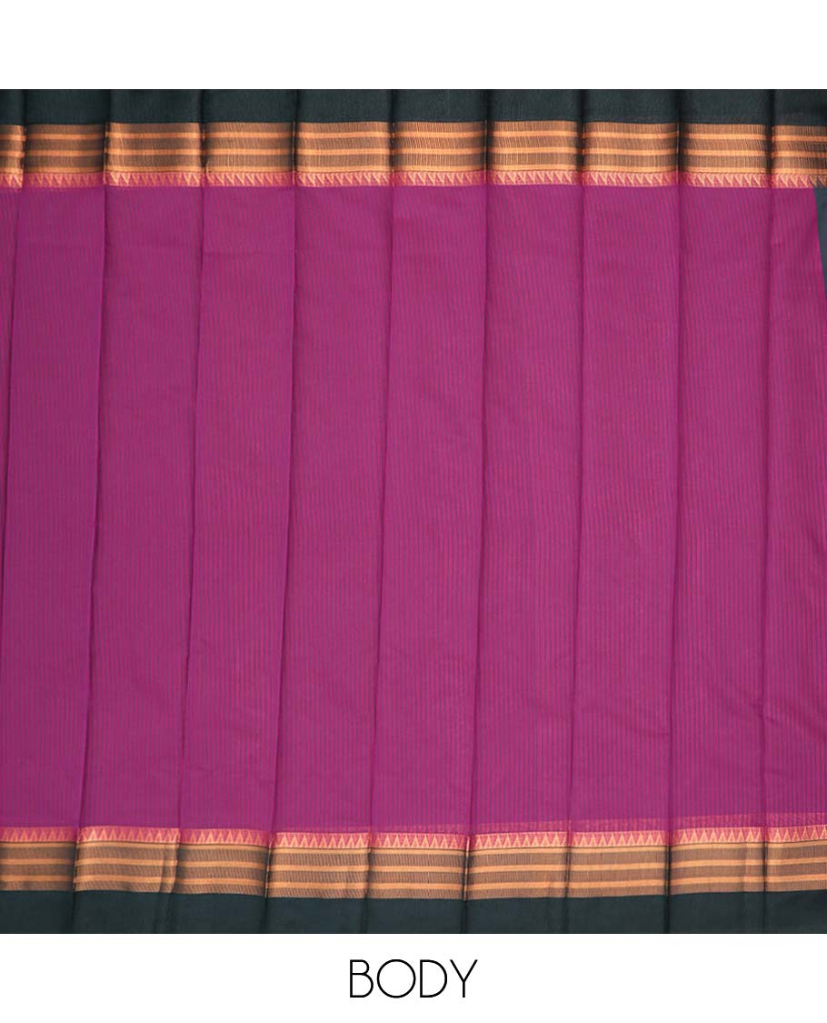 Purple striped kora cotton saree with contrast temple border & intrcate zari design pallu
