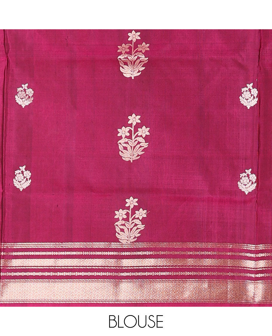 Red striped soft silk saree with floral buttas, contrast border of muthu & mayil kann & pallu of floral designs