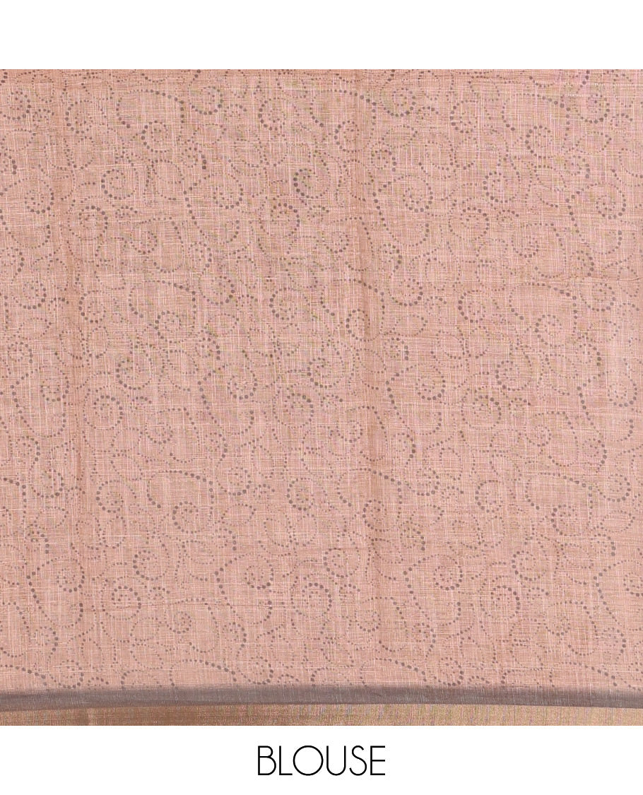 Peach cute elephant motifs printed linen cotton saree, contrast chevron border, pallu of stripes and chevron, and contrast printed blouse