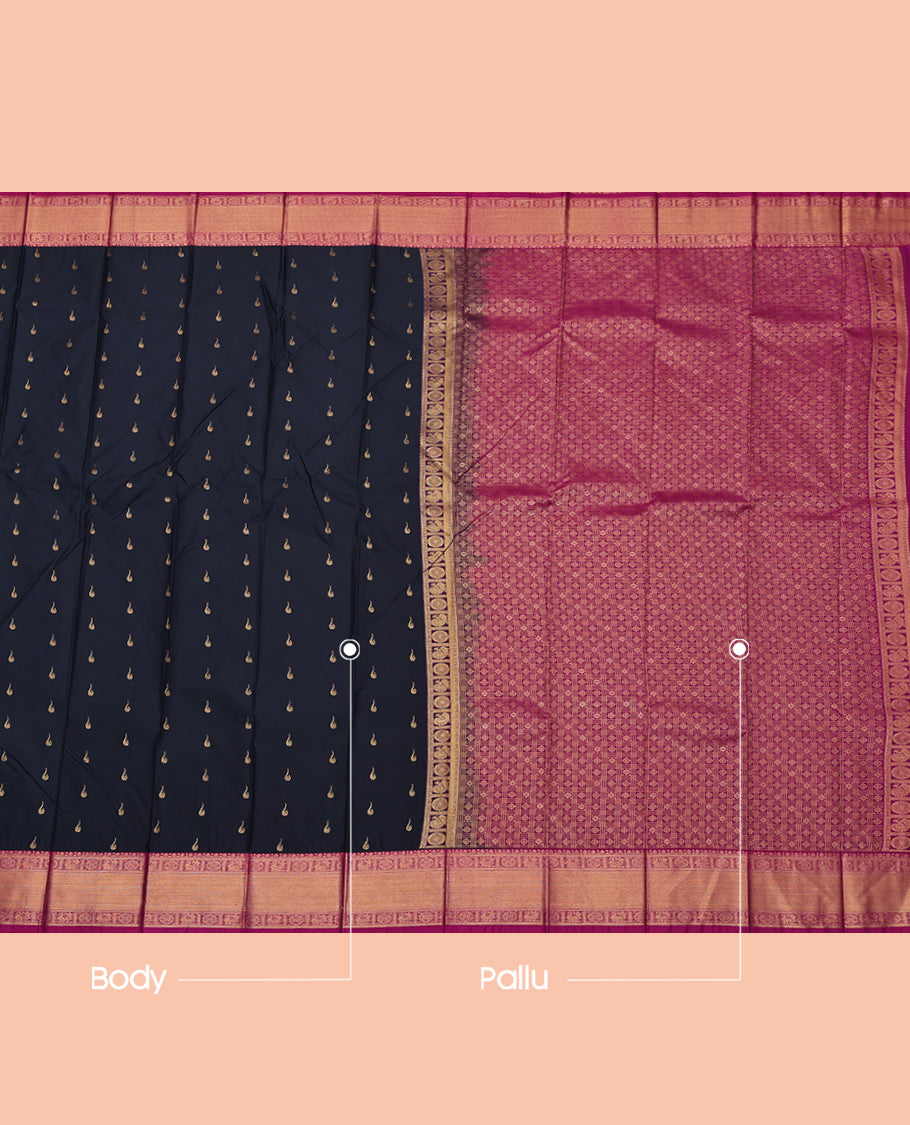 Navy Blue Budget Silk Saree, Decked Up with Zari Buttas All Over Its Body, Complemented by a Contrast Traditional Zari Peacock-Chakram Border, Grand Jaal Pallu, and Paired with a Contrast Blouse