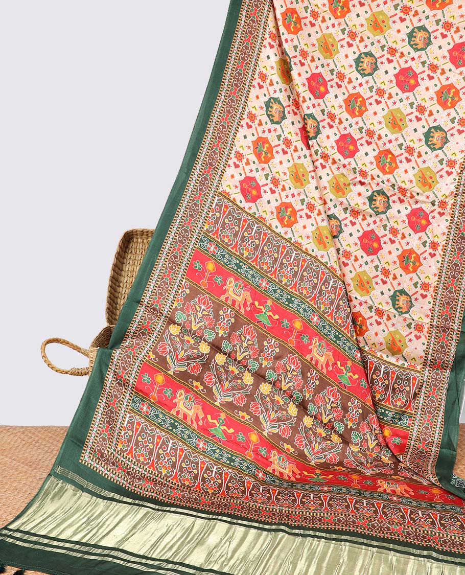Multi-colored elephant motifs enclosed with ogee design semi-banaras printed saree & contrast border & pallu of intricate design