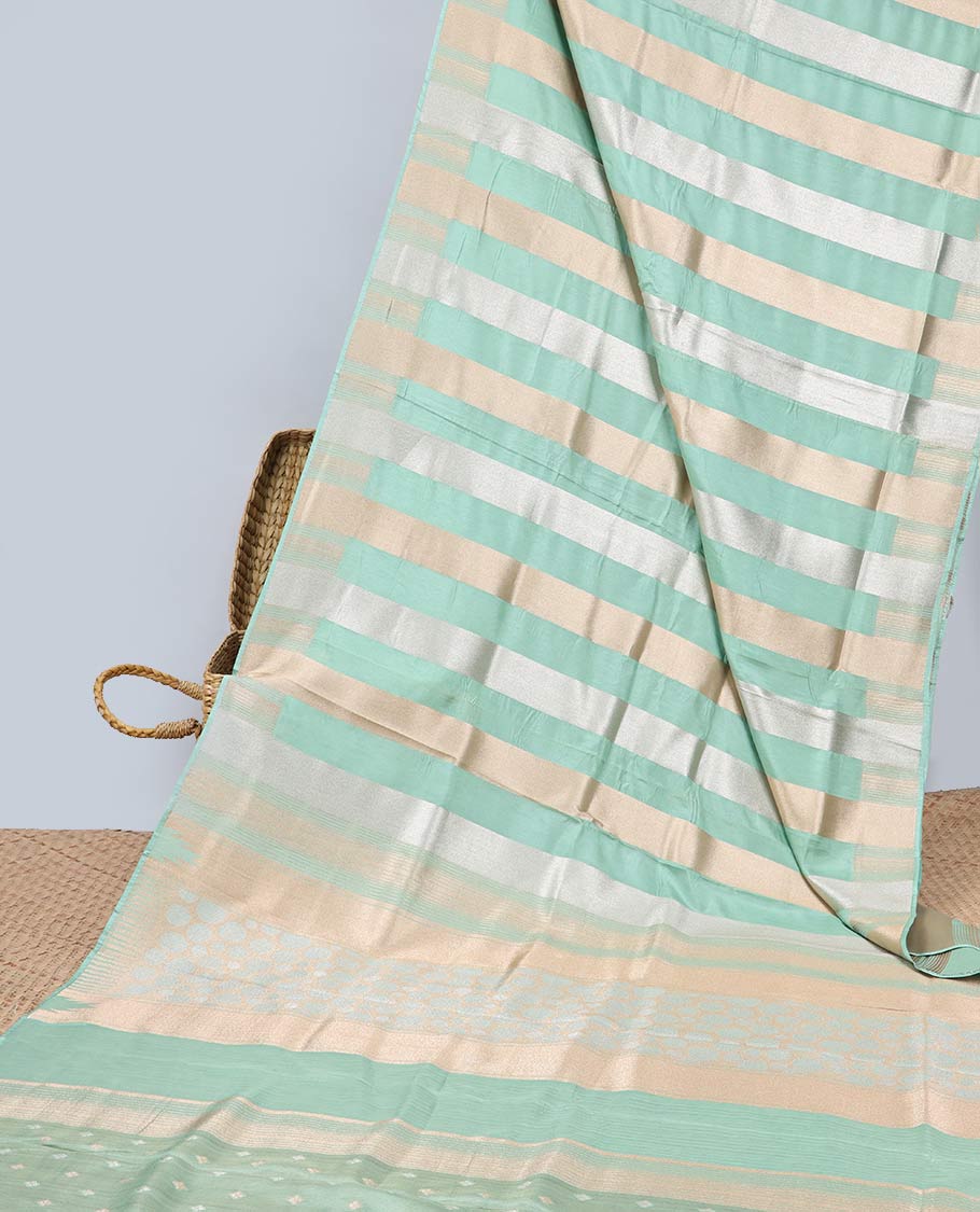 Blue striped semi-banaras dola silk saree with self zari border & intricate zari design pallu