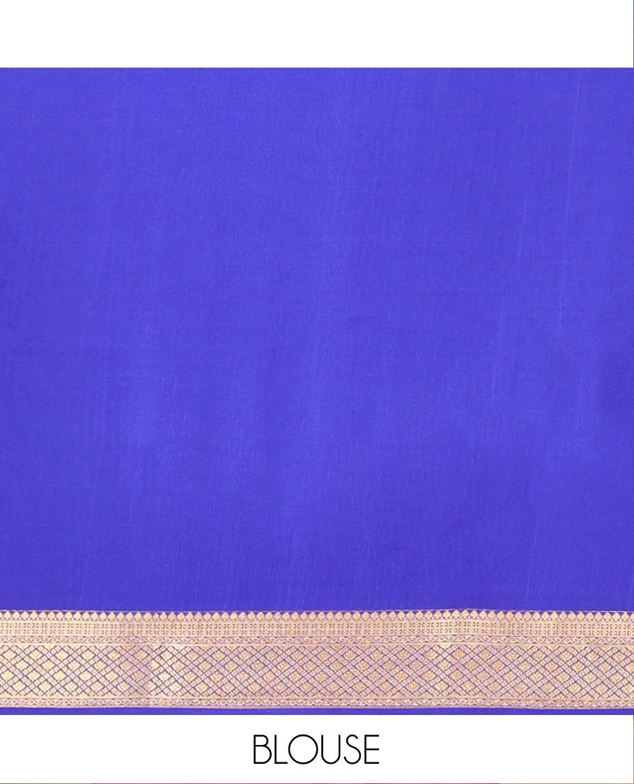 Blue Mysore Silk Saree, Embellished with Zari Buttas All Over Its Body, Complemented by Captivating Contrast Border of Traditional Zari Designs, Zari Designs Woven Pallu and Paired with a Contrast Blouse