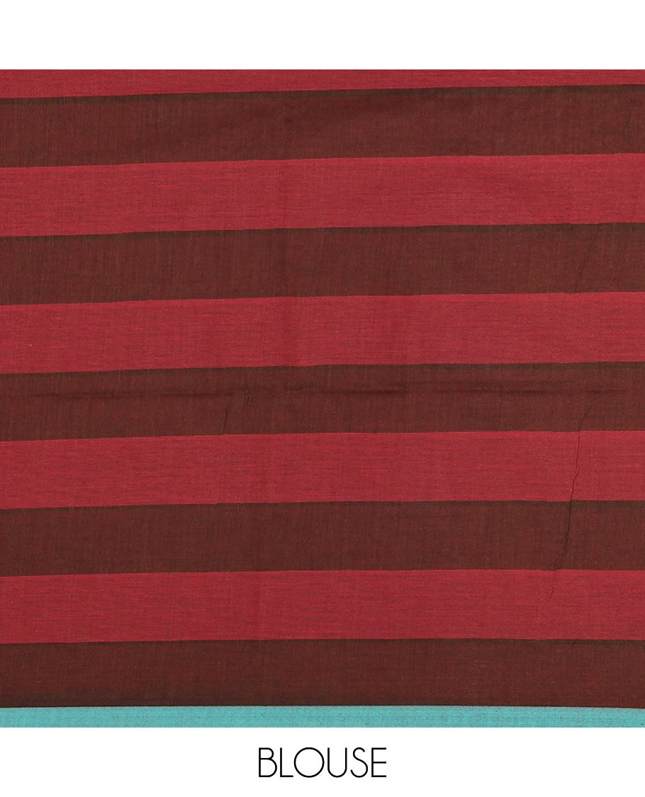 Purple horizontal striped khadi cotton saree, contrast piping border & matching horizontal striped blouse