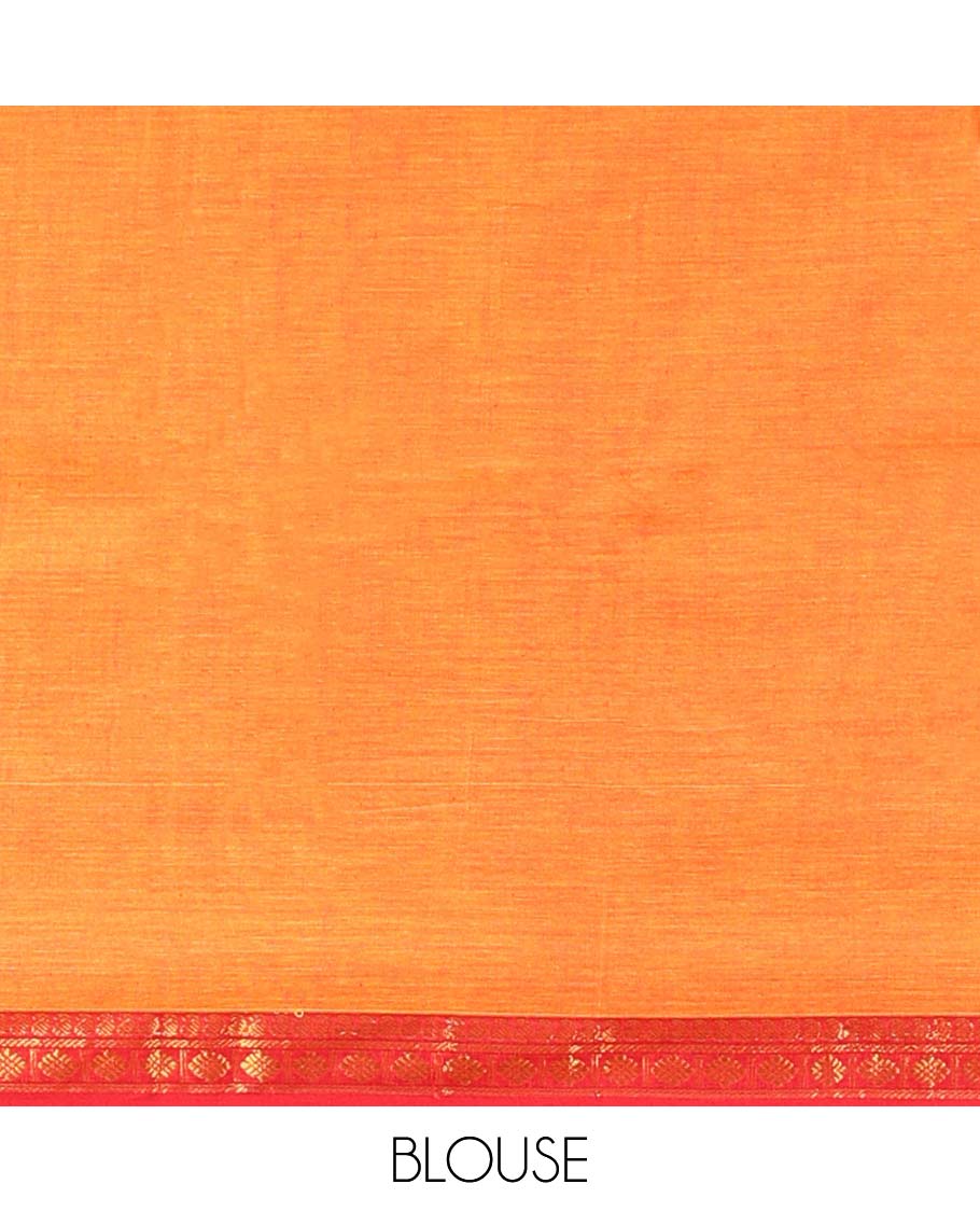 Orange plain Narayanapet cotton saree, contrast traditional design border & striped pallu
