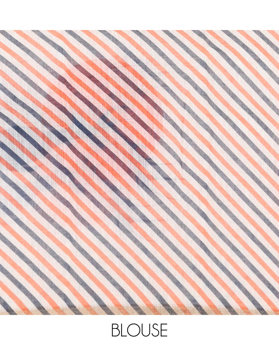 Cream sun and deer silhouette printed linen cotton saree, gold zari piping border, printed pallu, and a matching stripes printed blouse