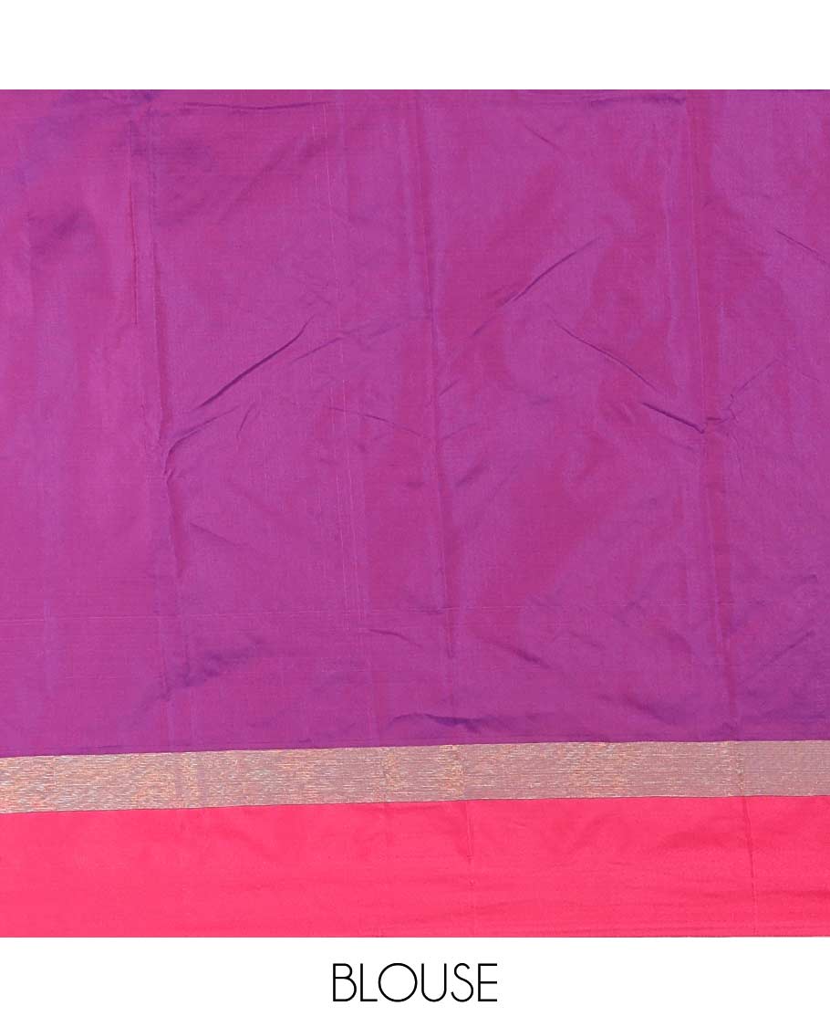 Royal blue-pink plus-shaped buttas steeped semi-soft silk saree, contrast satin border of stripes, striped pallu, and contrast blouse