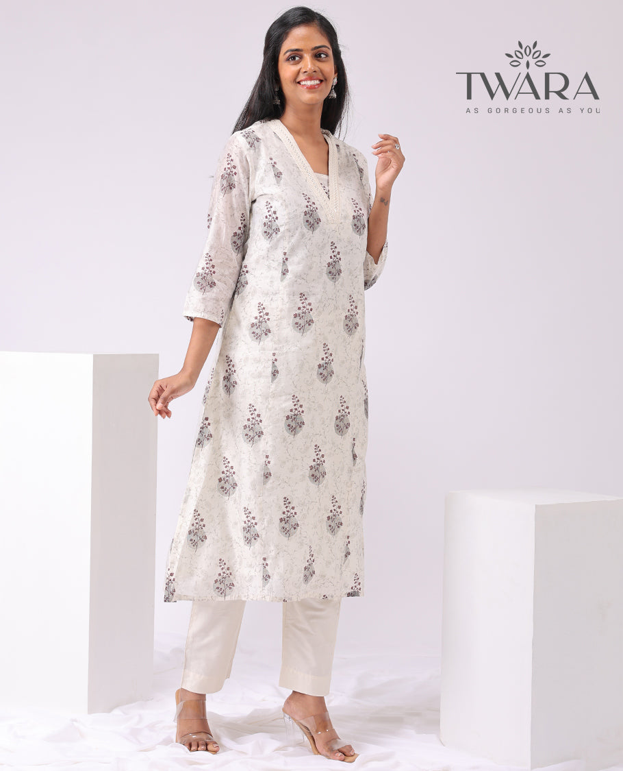 Twara white floral design v neck, 3/4 th sleeve, below knee lenght with straight pants & plain dupatta